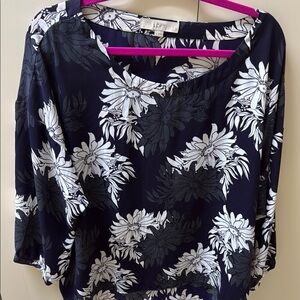 LOFT Women's Navy Floral Top XL Slightly Sheer